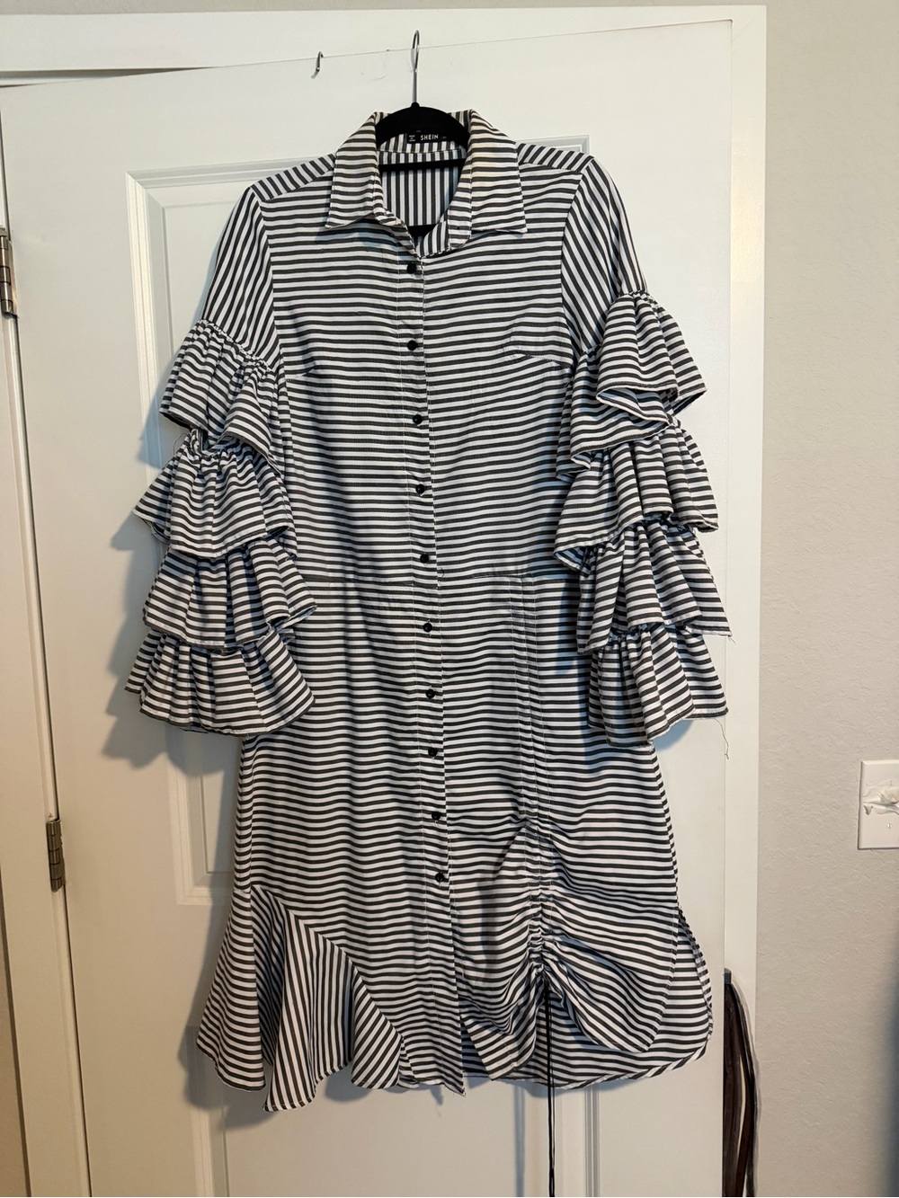 SHEIN Black & White Striped Ruffle Sleeve Midi Dress